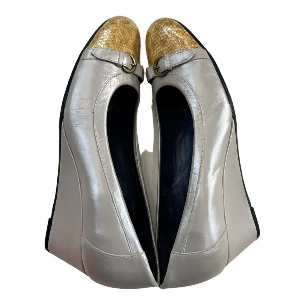 Vaneli Women's Cap Toe Slip On Pumps Wedge Heels Shoes Ivory White Gold Size 6.5